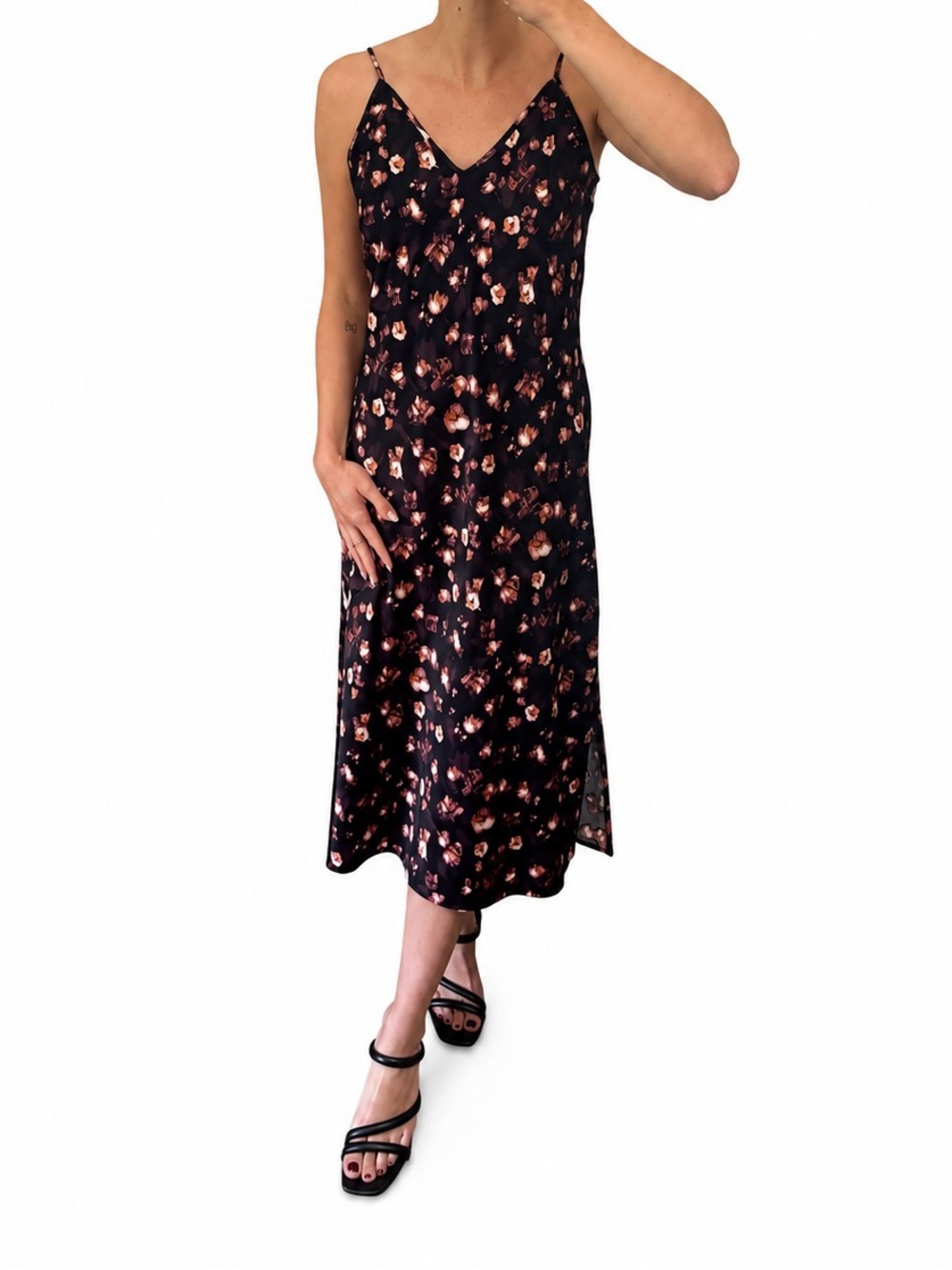 A New Day - S - Black Floral Slip Dress with Rose Accent